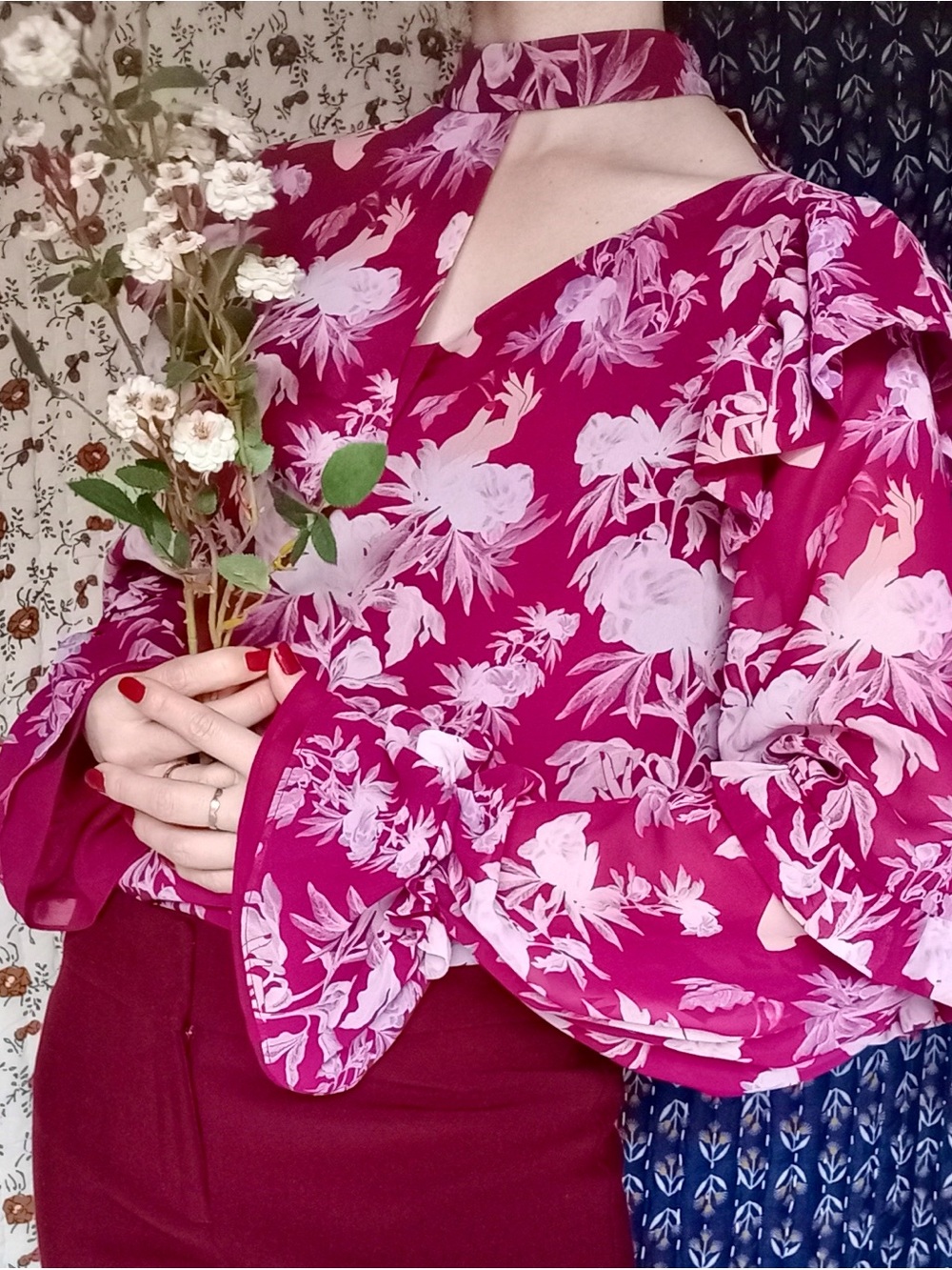 Three Floor ❉ Florry Georgette Asymmetrical Ruffle Choker Blouse Floral 2